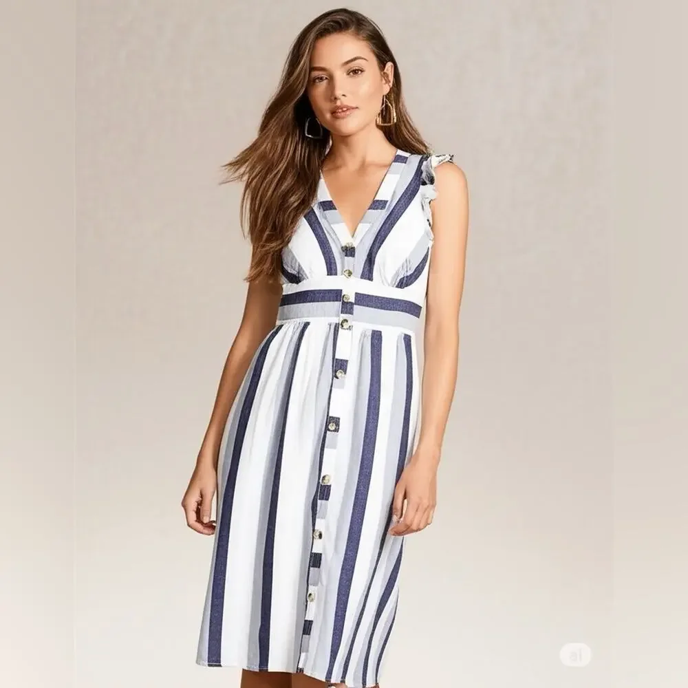 Point Sur Linen Midi Dress Striped Button Front Ruffle Shoulder Preowned Size 2